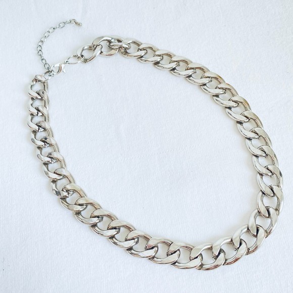 Silver Tone Necklace Chunky Curb Chain - Picture 2 of 7